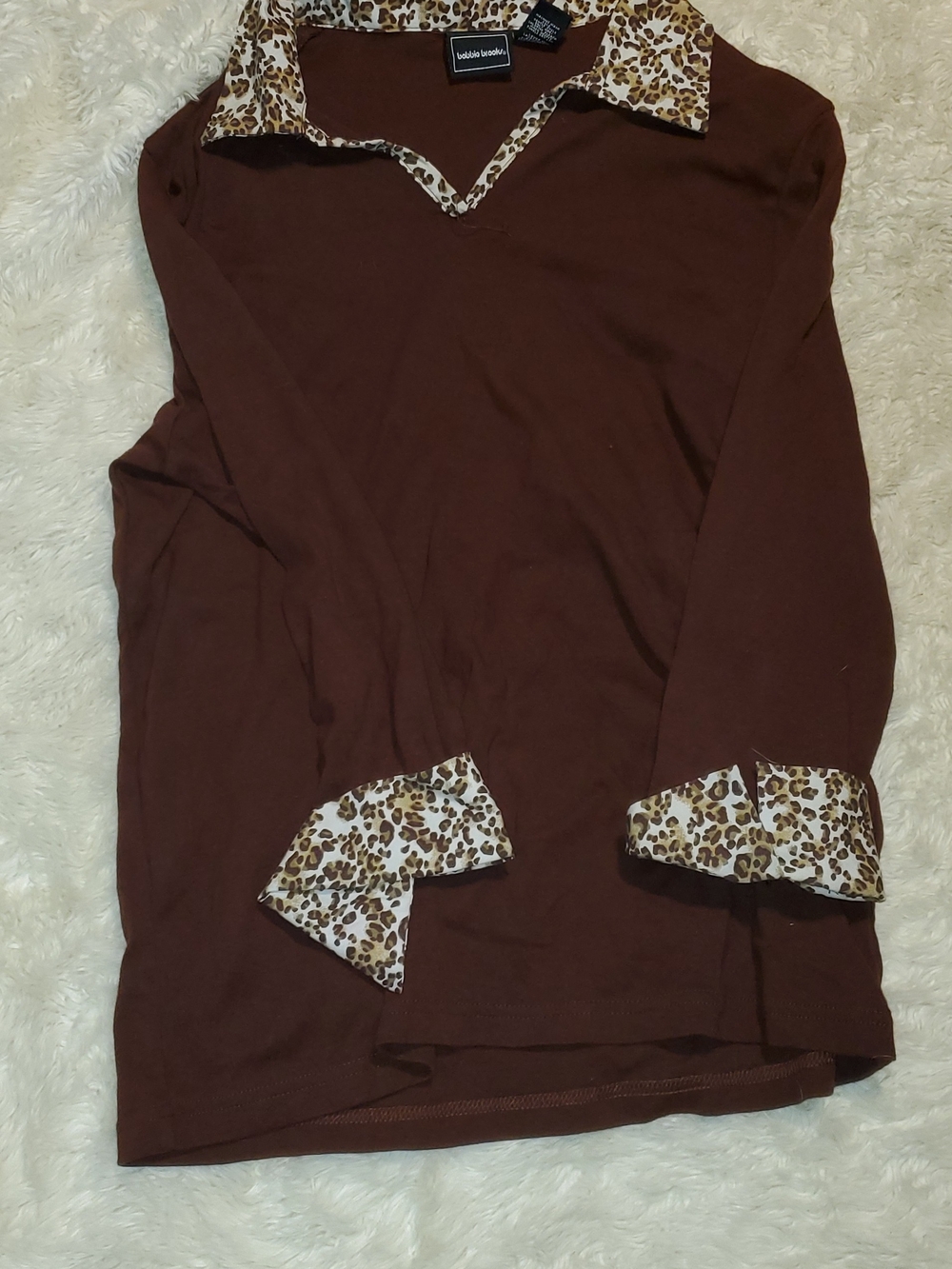 La Belle Brown Long Sleeve Top with Leopard Trim Accents